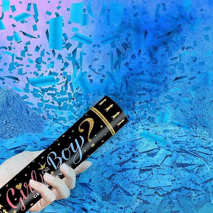 Gender Reveal Confetti Powder Cannon, Biodegradable, Boy Blue and Girl Pink Gender Reveal Poppers - He or She Smoke Bomb Baby Shower Baby Party Decorations Supplies Sticks (2 Blue)
