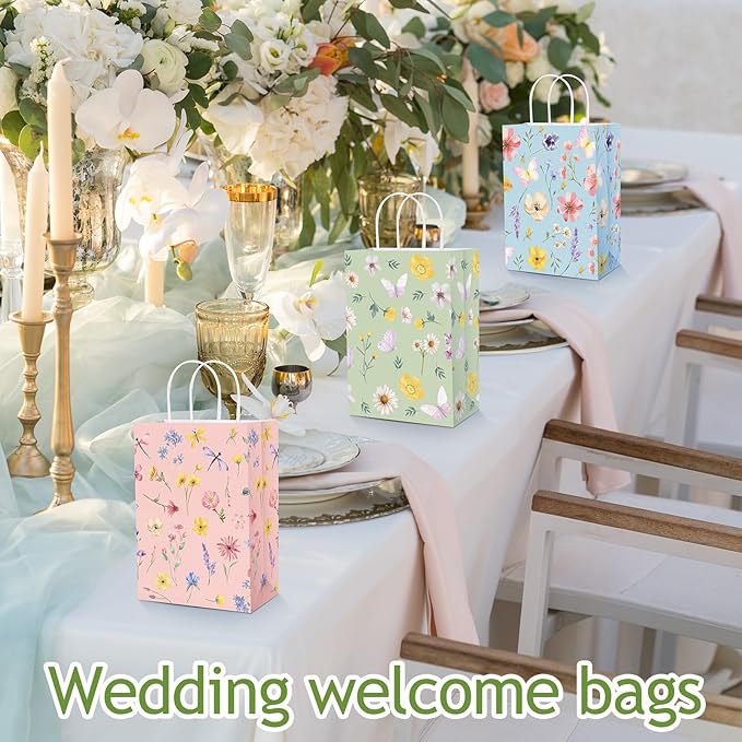 Gaillty 24 Pcs Floral Paper Gift Bags Flower Butterfly Goodie Bags with Handles Wildflower Wedding Welcome Bag for Wedding Bridal Shower Engagement Baby Shower Birthday Spring Tea Party Supplies