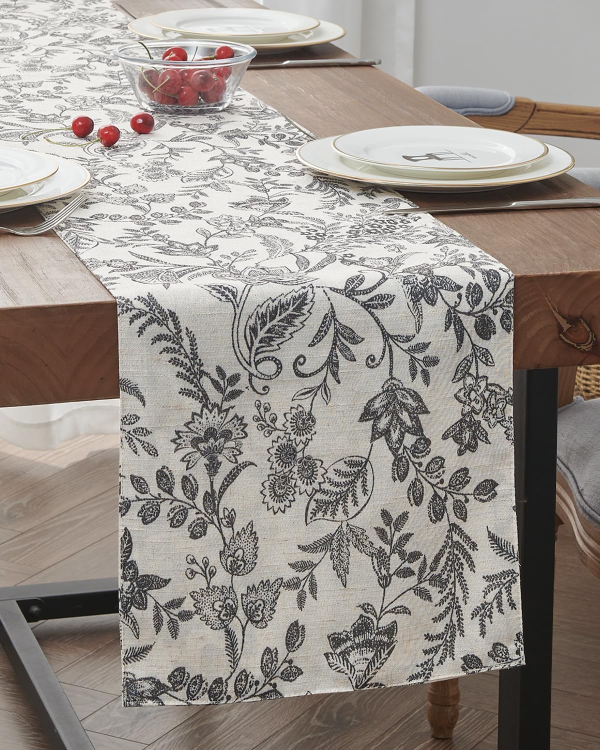 jinchan Spring Table Runner Linen Farmhouse Table Cloth Black Floral Decorative 72 Inch Botanic Printed Burlap Handcrafted Flax Coffee Table Decor 1 Panel Black on Beige