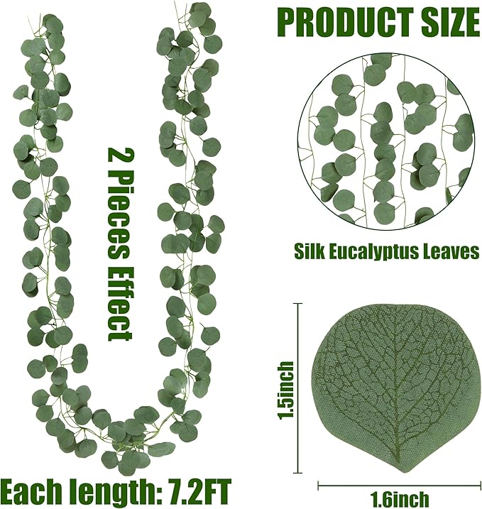 Sggvecsy 24Pcs Artificial Eucalyptus Garland Greenery Leaves Silk Vines Silver Dollar Leaves Faux Leaf Plants for Wedding Wall Table Party Home Fireplace Bedroom Decor