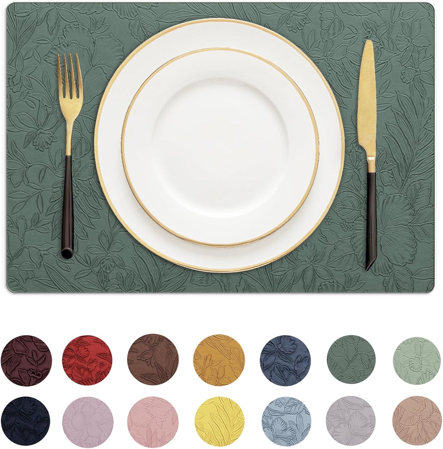 Romanstile Vinyl Placemats Set of 6-12 X 18 Inch - Heat Resistant Non-Slip Embossed Floral Place Mats 100% Waterproof Oilproof Wipeable Faux Leather Table Mats for Kitchen/Dining/Party, Green