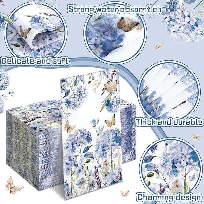 Karenhi 200 Pcs Watercolor Hydrangea Guest Napkins 2 Ply Spring Paper Guest Towels for Bathroom Blue Floral Disposable Hand Towels Decorative Dinner Napkins Bridal Shower Napkins for Wedding Party