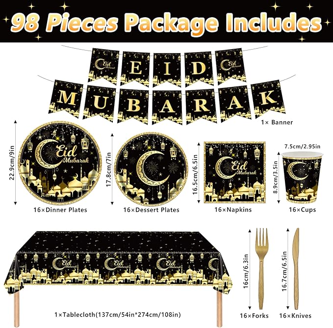 98PCS Eid Mubarak Party Supplies Black and Gold Ramadan Tableware Set Ramadan Mubarak Paper Plates and Napkins Eid Mubarak Party Decorations Eid Al-fitr Party Disposable Dinnerware Set for 16 Guests