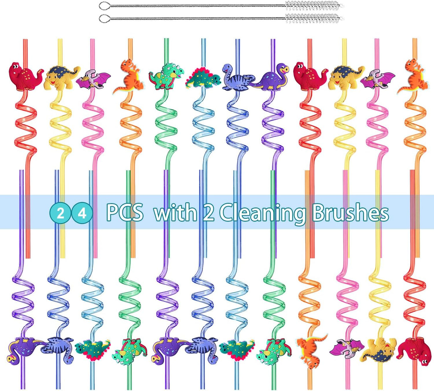 24 PCS Reusable Dinosaur Straws Party Favors, Plastic Swirly Drinking Straws for Kids Safari Jungle Dino Theme Birthday Party Decorations Supplies with Clean Brushes