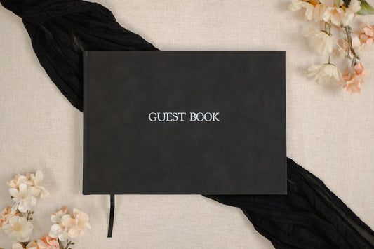 Embossed Guestbook - 11.5 x 8.5 Large Luxury Modern Cream Canvas Linen Embossed Hard Cover Guest Book for Wedding, Birthday & Events, Blank Pages (Charcoal)