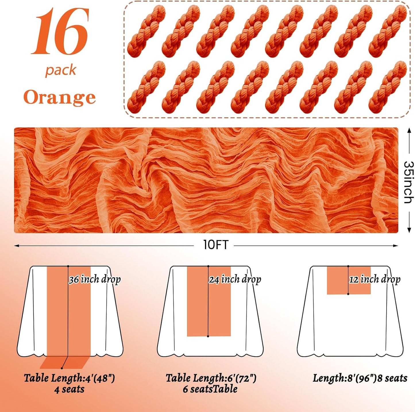 16Pack Orange Table Runner 10FT Cheesecloth Table Runner 35x120Inch Long Boho Cheese Cloth Table Runners Rustic Gauze Table Runners for Party Wedding Bridal Shower Baby Shower Decorations
