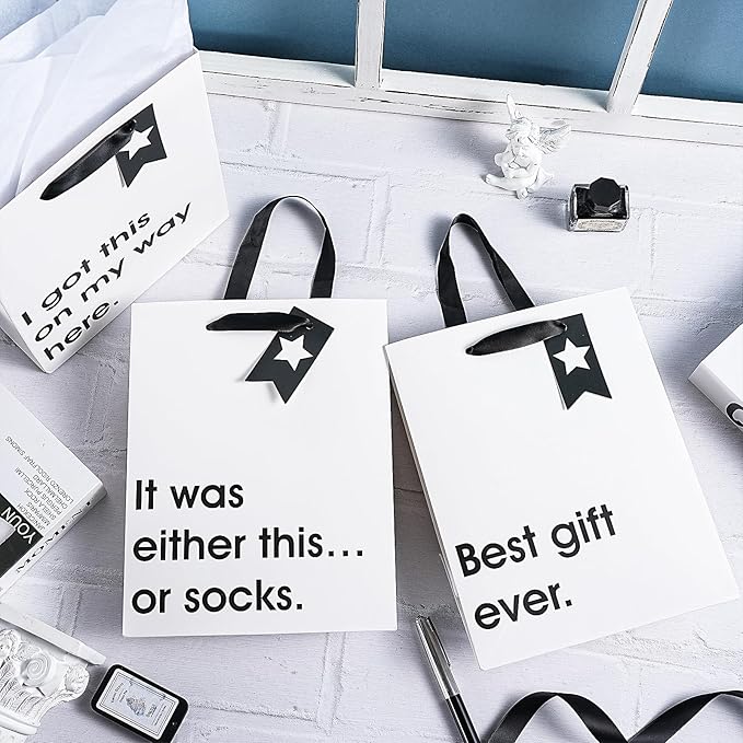 Loveinside Christmas Medium Size Gift Bags Set, Funny Quirky Design with Bold Black Text Pattern with Tissue Paper Perfect for Shopping, Parties, Birthday, Holiday, 4 Pack, 7" X 4" X 9"