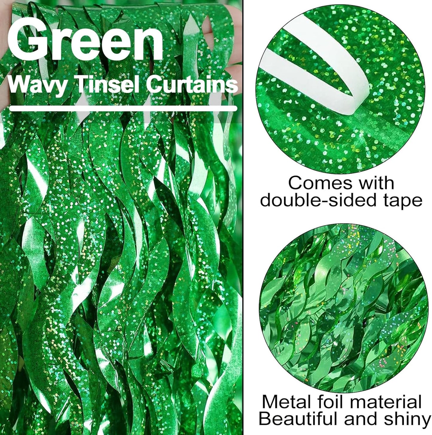 4 Pack Green Fringe Curtain Backdrop 3.2Ft x 8.2Ft Metallic Tinsel Foil Fringe Streamers Background for Photo Booth, Easter, Mother's Day, Bachelorette, Wedding, Birthday Party Decoration