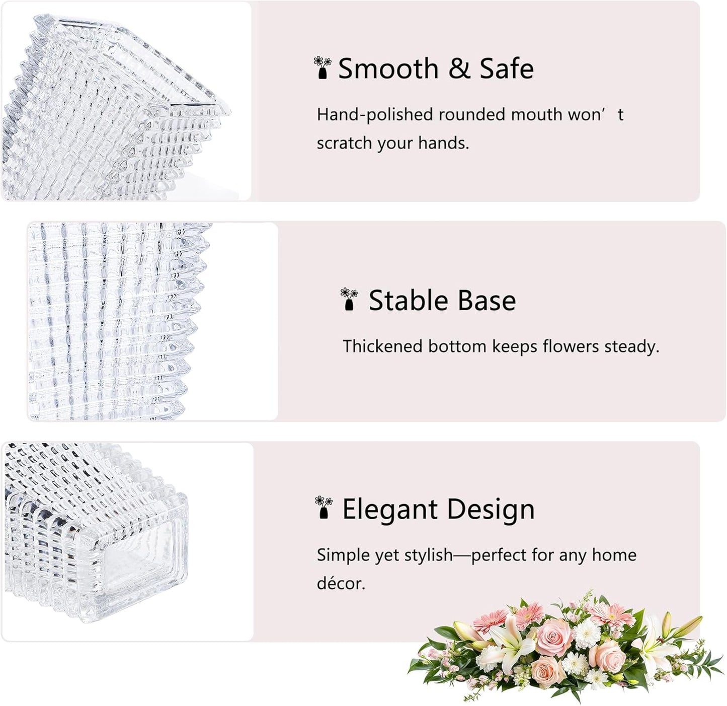 VECELO Crystal Glass Vase for Flowers, 11 Inch Clear Decorative Centerpiece Vase, Modern Square Textured Flower Vase for Dining Table, Wedding, Living Room, Office Decor