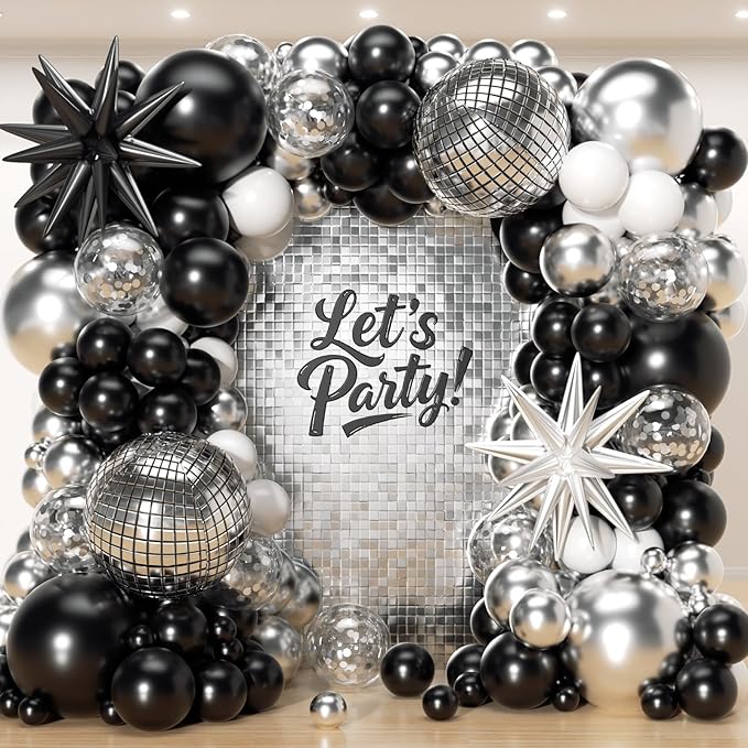153Pcs Black and Silver White Balloon Garland Arch Kit with Stars, 22 18 12 10 5 inch Disco Ball Balloons Black White Metallic Silver Confetti Balloon for Birthday Graduation Party Decorations
