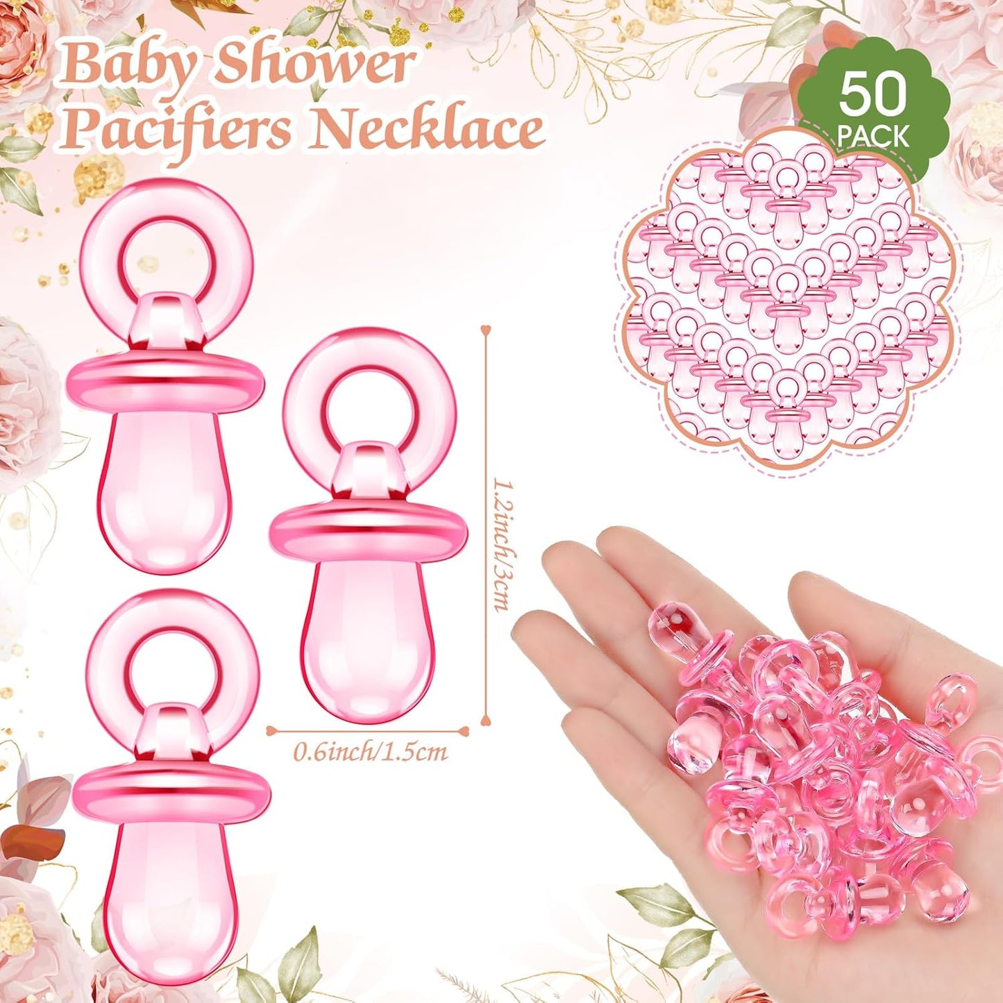 Thyle 51 Pcs Pacifier Hunt Baby Shower Games Include Hunt Sign and 50 Acrylic Pacifiers for Baby Shower Game Decoration Gift Sets Gender Reveal Party Decor(Flower)