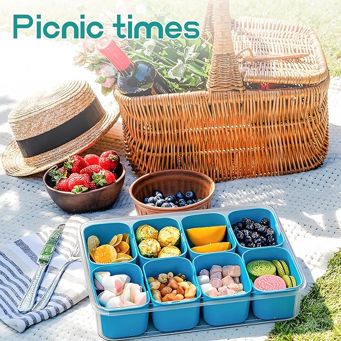 Snackle Box Container, Divided Serving Tray with Lid and Handl 8 Compartments Snacks Box,Candy Snack Fruit and Veggie Tray, Suitable for Picnics Trips Parties and Holidays
