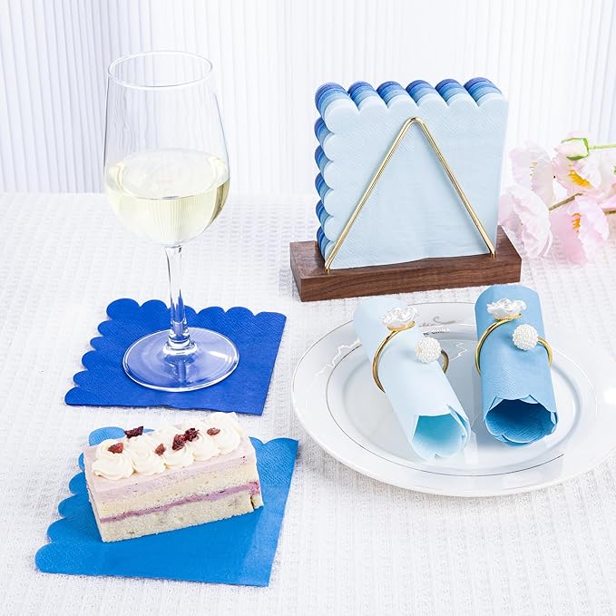 100 Pcs Blue Cocktail Napkins Folded 5 x 5 Scalloped Napkins Gradient Color Beverage Napkins Disposable Dessert Napkins for Birthday Party Supplies Wedding