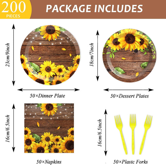 50 Guests Sunflower Bridal Birthday Party Supplies Set Summer Sunflower Plates Napkins Party Supplies Sunflower Decoration Sunflower Bridal Party Tableware for Men Women Boy Girl Sunflower 200 PCS