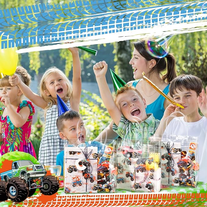 Tioncy 24pcs Truck Party Favor Bags Truck Gift Goodie Bags Car PVC Candy Treat Tote Clear Gift Bag with Handles for Kids Game Construction Racing Theme Birthday Party Supplies