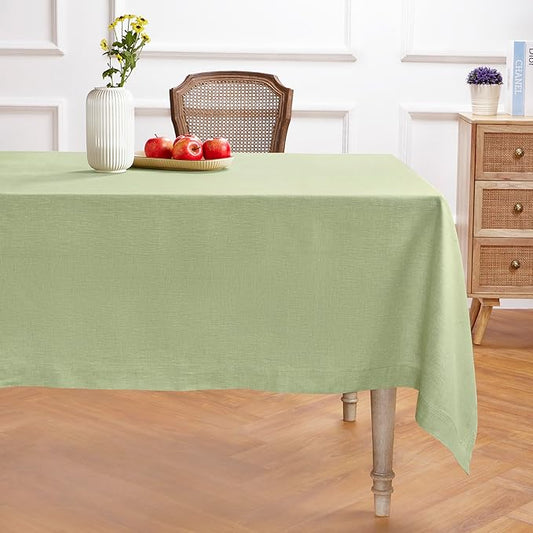 Solino Home Linen Tablecloth 60 x 144 Inch - 100% Pure Linen Chambray Olive Table Cloth for Rectangular Tables - Athena, Machine Washable Cloth Tablecloth for Spring, St Patricks Day