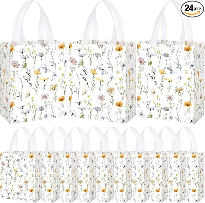 Supervitae 24 Pack Wildflower Butterfly Gift Bags Medium Floral Party Favor Bags Reusable Totes Non Woven Goodie Totes for Spring Summer Wedding Birthday Baby Shower Family Travel(9.8" x 7.9" x 3.9")