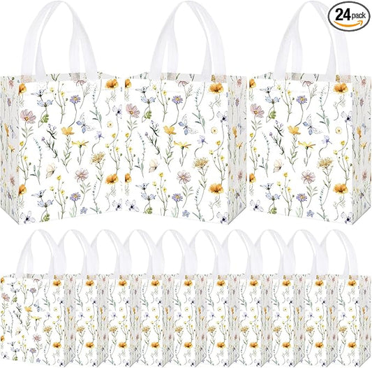 Supervitae 24 Pack Wildflower Butterfly Gift Bags Medium Floral Party Favor Bags Reusable Totes Non Woven Goodie Totes for Spring Summer Wedding Birthday Baby Shower Family Travel(9.8" x 7.9" x 3.9")