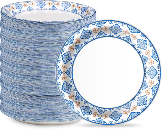 10 Inch Blue Floral Paper Plates, 200pcs Large Disposable Plates, Heavy Duty Flower Plate Tableware for Party, Daily Use, Soak Food,Cut Food, Family Gathering, Dinner Time Birthday Wedding