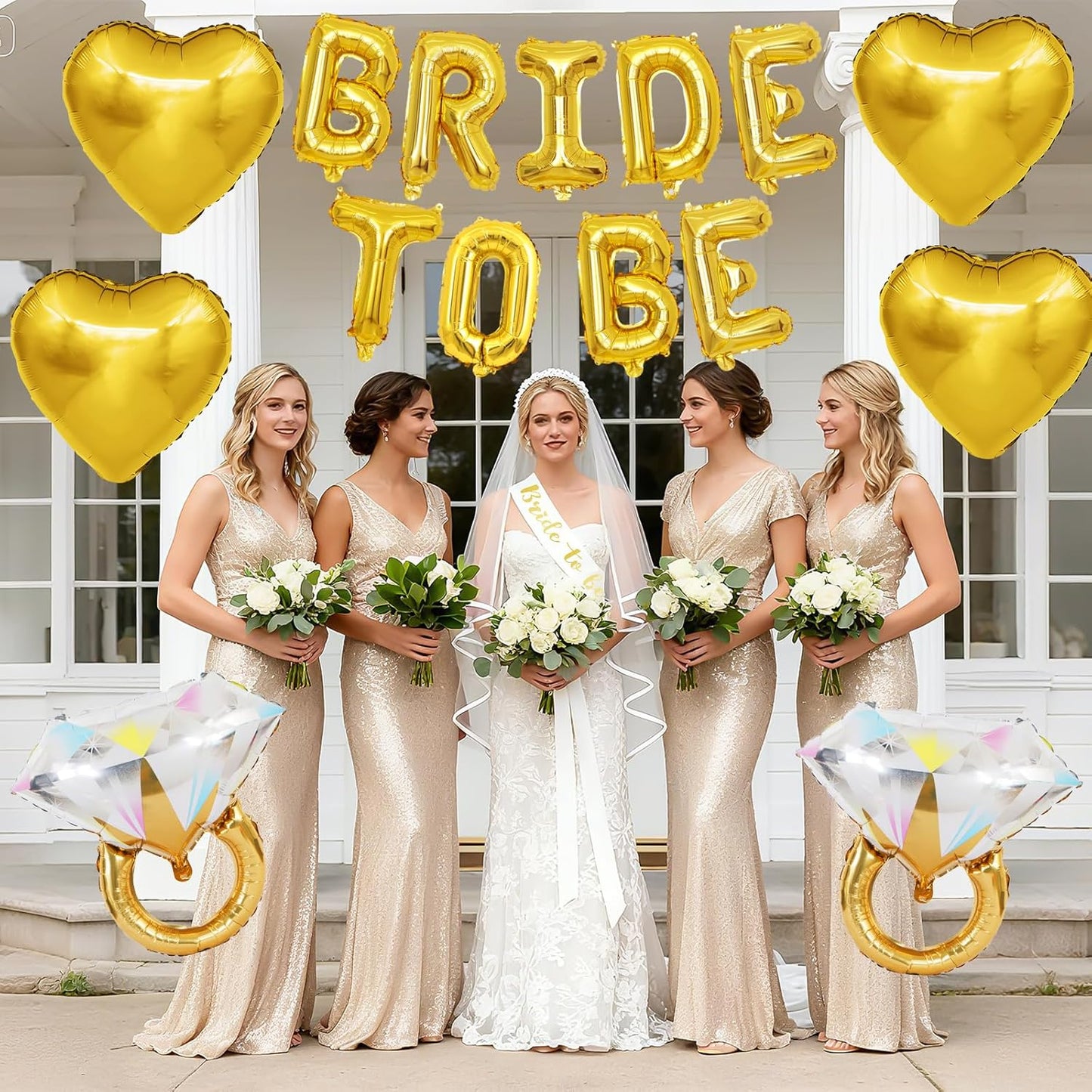Gold Bachelorette Party Decorations, Gold Bride to Be Banner Heart Balloons with Diamond Ring Foil Balloon, Bride to Be Sash&Veil for Bachelorette Engagement Gift Bridal Shower Party Supplies