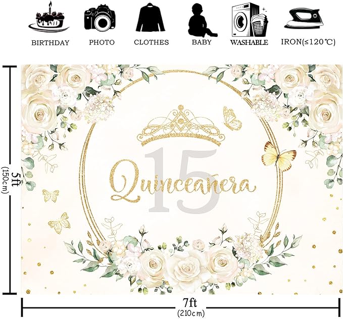 Homewelle Quinceañera Backdrop 7Wx5H Feet Polyester Fabric Mis Quince 15 Anos Birthday Party Decorations Supplies for Girl Princess White Floral Gold Crown Butterfly Photography Background Props