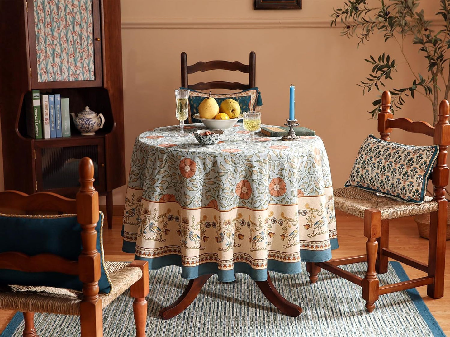 patdrea Designer French Linen Blue Round Table Cloth,Vintage Floral Tablecloth,Colorful Decoration Fall Table Cover Kitchen Dining for Tea Party,Thanksgiving,Christmas,Diameter 67"-Wensel