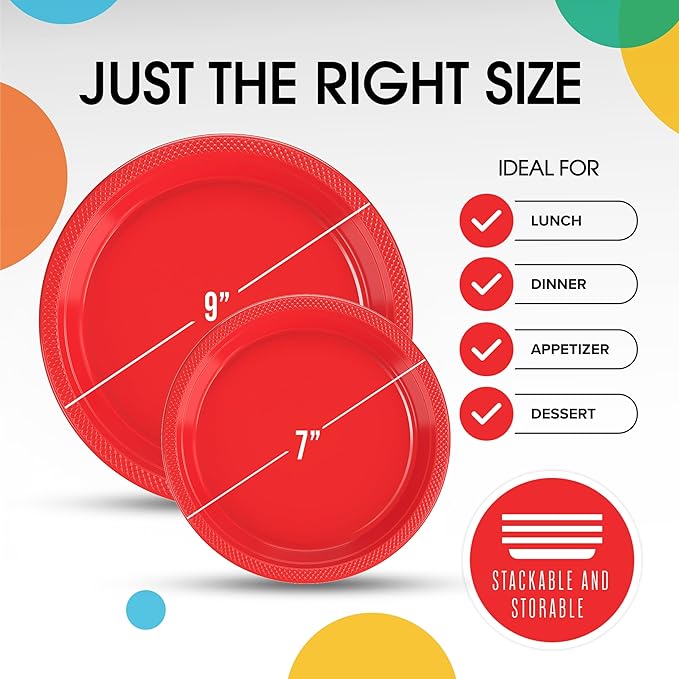 Exquisite Party Solids Red Plastic Plates For Party Supplies, Red Disposable Plates 100 Pcs - 50-7" & 50-9" Heavy Duty 350 GSM Disposable Dinnerware Sets, Plastic Dinnerware Sets
