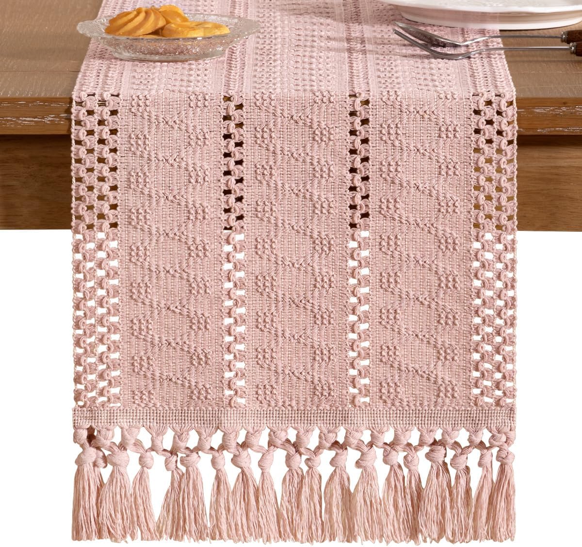 Socomi Boho Table Runner Fall Thanksgiving Farmhouse Rustic Dining Kitchen Centerpiece Decor Small Macrame Woven Cotton Linen Coffee Table Runner for Dresser Scarf Home Decor 12x36 inPink