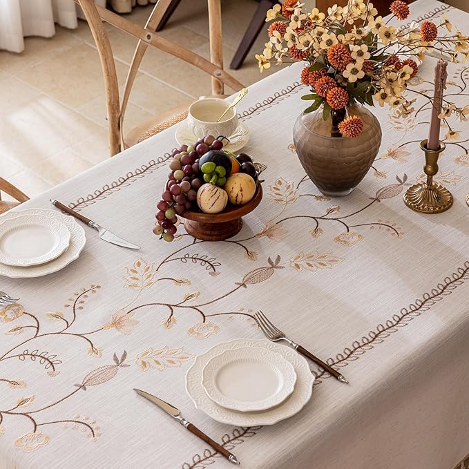 Joyfol Day Rustic Rectangle Table Cloth, Heavy Duty Linen Florals Embroidery Tablecloths, Farmhouse Waterproof Tablecloth, Wrinkle Free Table Cover with Tassels, Coffee Berry, 55''x 120''