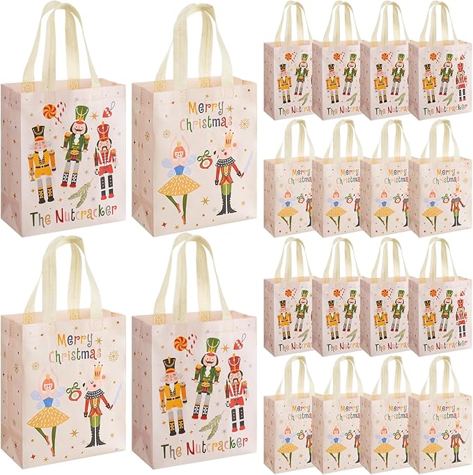 Wovnet 30 Pcs Christmas Bags Bulk Nutcracker Merchandise Gift Bags with Handles Reusable Non Woven Tote Shopping Goodie Pouch for Xmas Party Favors 10 x 8 x 4in