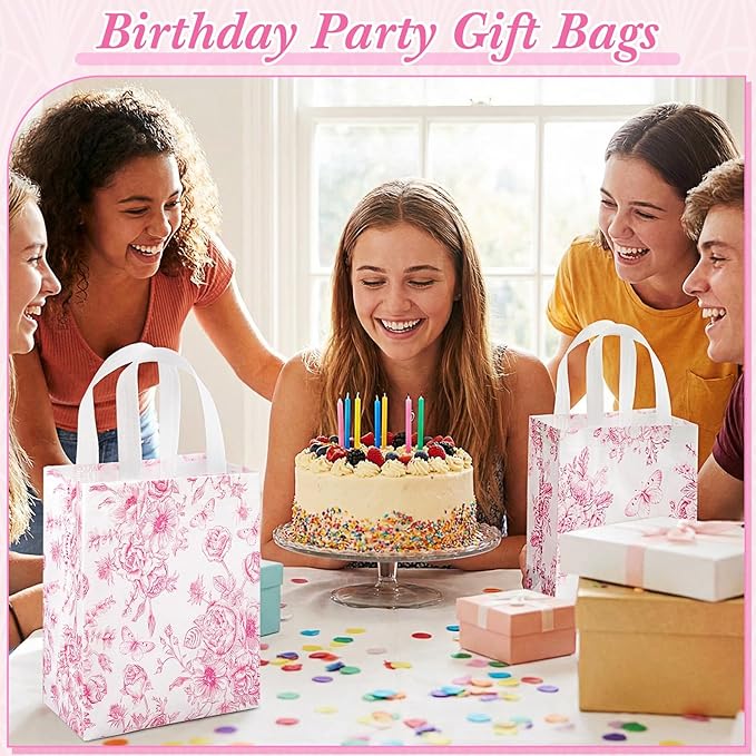 Wovnet 30 Pcs Pink Floral Gift Bags Bulk Reusable Non Woven Vintage Floral Tote Treat Goodie Candy Bags with Handles Spring Flowers Party Favors Pouch for Bridal Shower Wedding 10 x 8 x 4 Inch