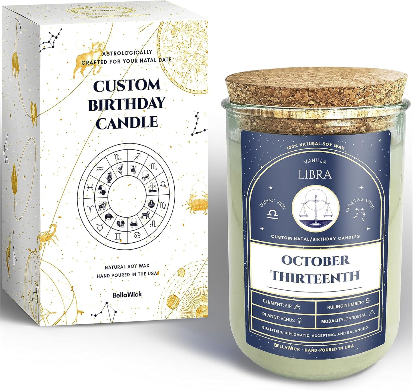 Birthday Candles - Custom Birthdate Astrological Zodiac Scented Candles. Astrology Gifts. All Natural Soy Wax. 75+ Hour Burn Time. Made in USA - October 13