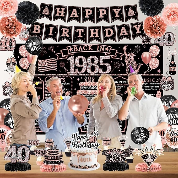 40th Birthday Decorations for Women – 59pcs Back in 1985 Party Supplies Backdrop, Banner, Honeycomb Centerpieces, Hanging Swirls, Foil & Latex Balloon, Cake & Cupcake Toppers, Sash, Pom Poms, Crown