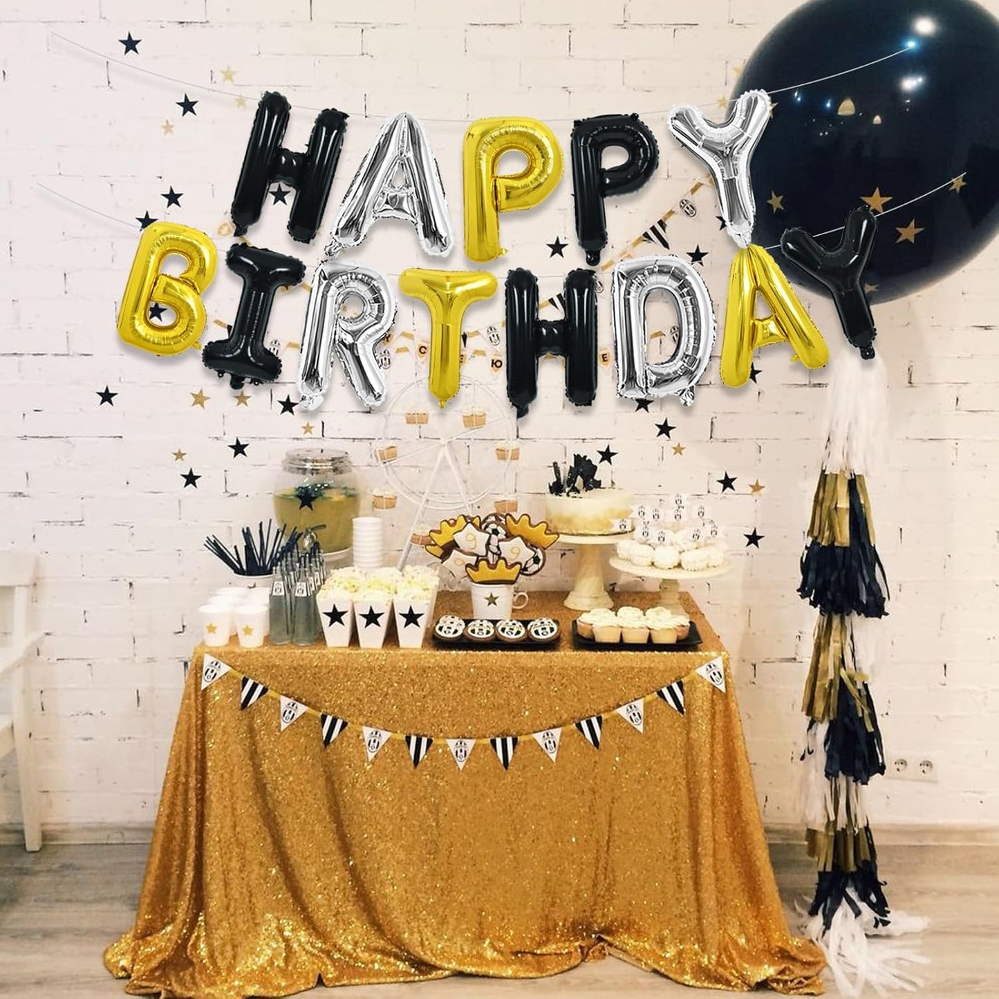 TONIFUL Happy Birthday Balloons Banner 16 Inch Mylar Foil Letters Birthday Sign Reusable for Girls Boys Kids & Adults Birthday Party Decorations Supplies（Black Silver Gold）