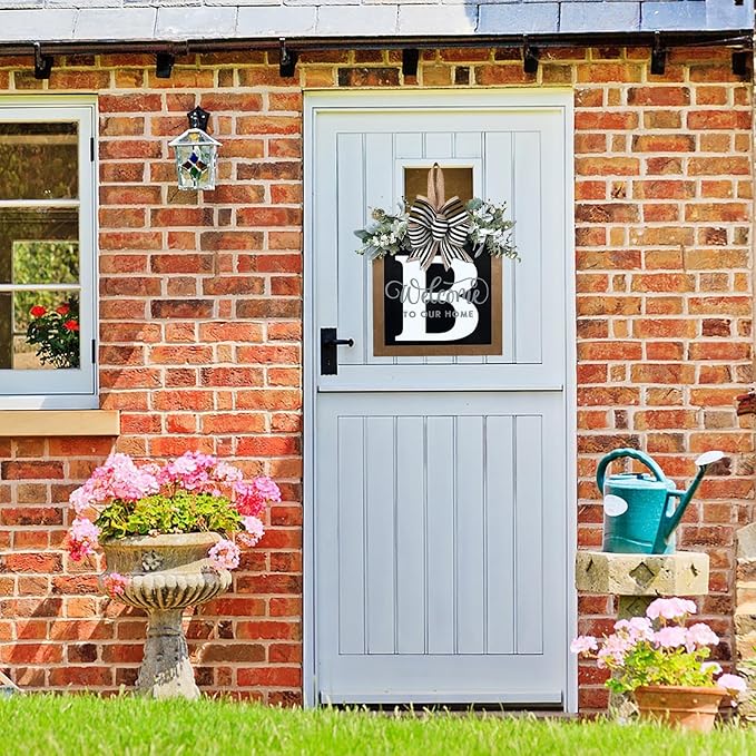 Last Name All Year Round Front Door Wreath with 26 Initial Letter Welcome Sign All Seasons Eucalyptus Garland and Bow ，Farmhouse, Porch, for Spring Summer Fall All Seasons Holiday Halloween Christmas. (B)