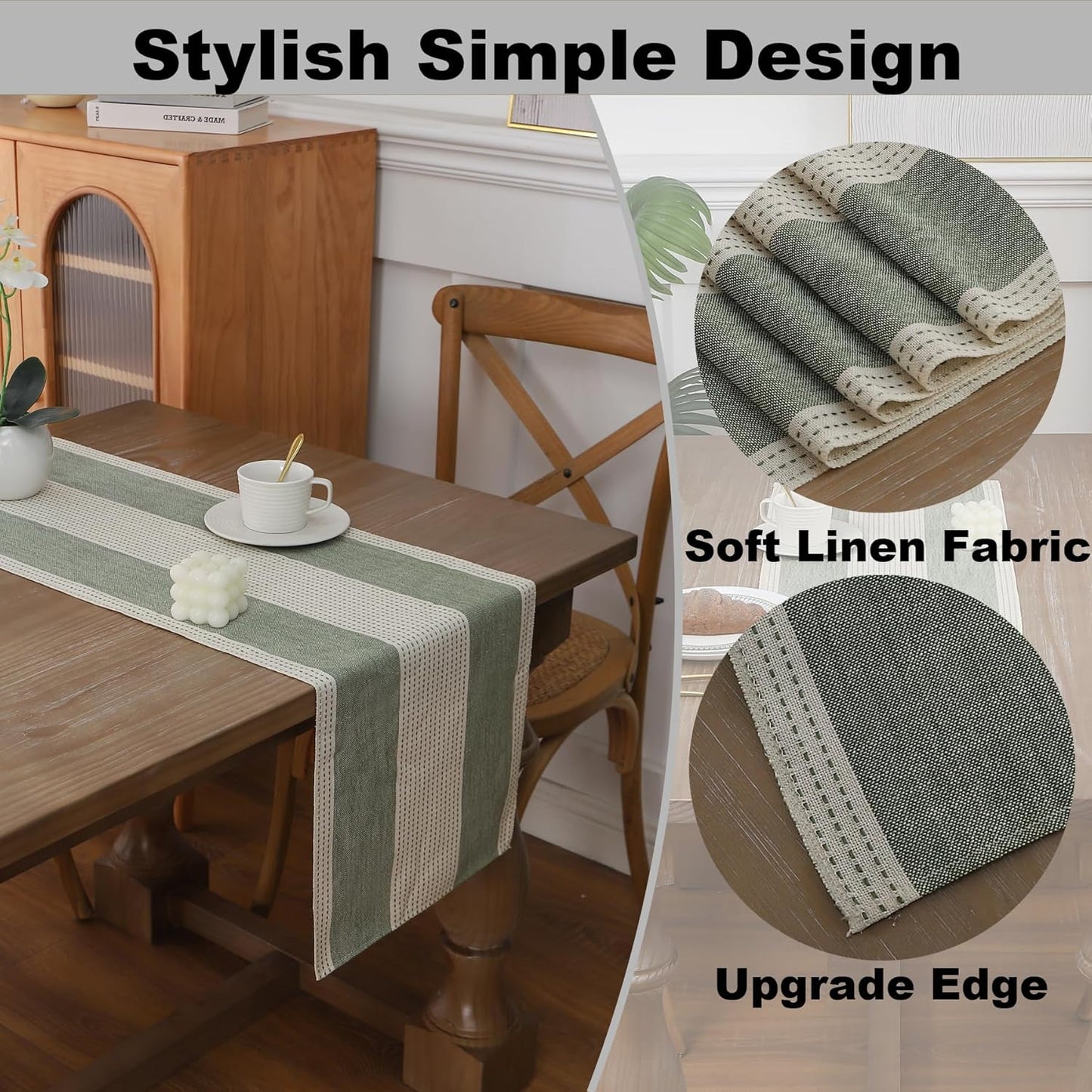 Gernaice 2PCS Boho Table Runner, Rustic Striped Cotton Linen Farmhouse Table Runners for Dresser End Coffee Table Home Decor, 24" L X 13" W Sage Green