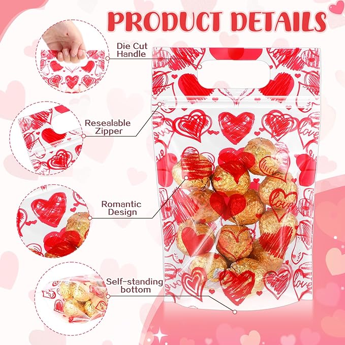 Blosssound 25 Pcs Valentine's Day Gift Bags Resealable Red Love Plastic Bags Happy Valentines Day Favor Pouch with Handle for Wedding Party Candy Gift Wrapping Supplies Decor(Red Valentines)