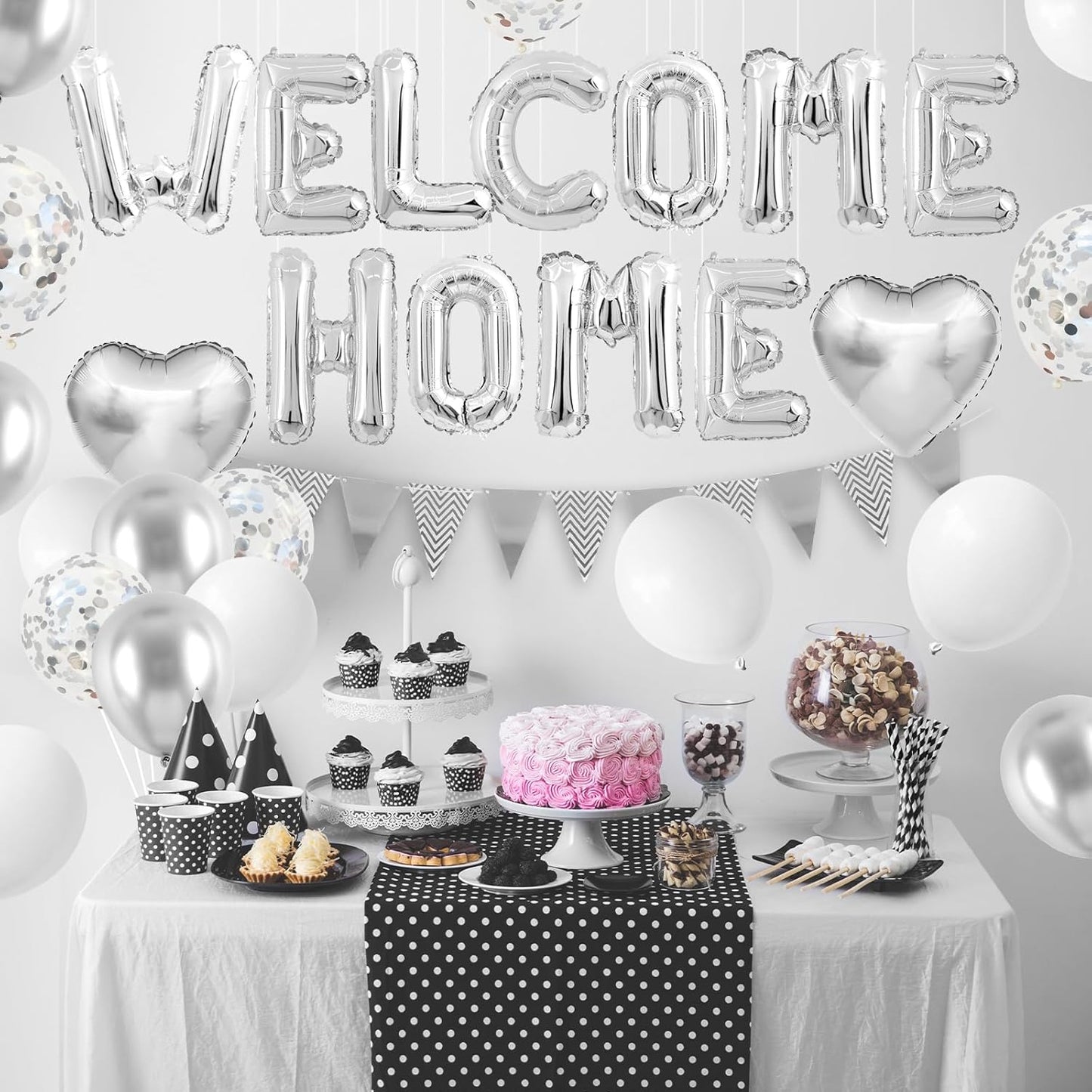 Welcome Home Decorations Silver,Welcome Home Foil Balloon Banner with Confetti Balloons,Silver Heart Balloons Pennant Flag Bunting for Housewarming Baby Shower Home Family Party Supplies