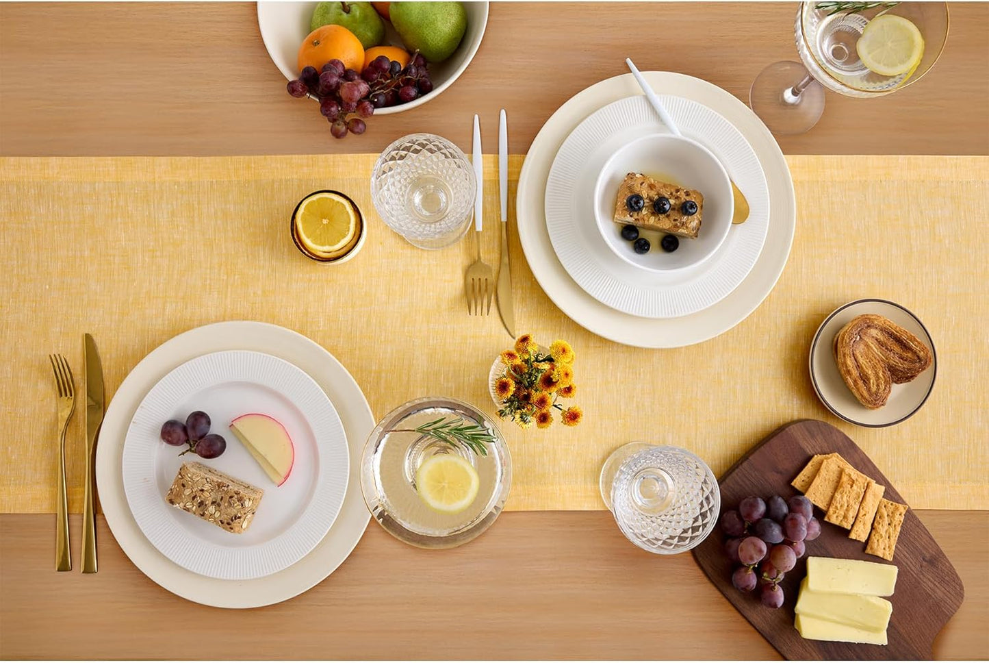 Solino Home Linen Table Runner 120 Inches Long - Athena, 100% Pure Linen Chambray Mustard Yellow Table Runner 14 x 120 Inch for Dining