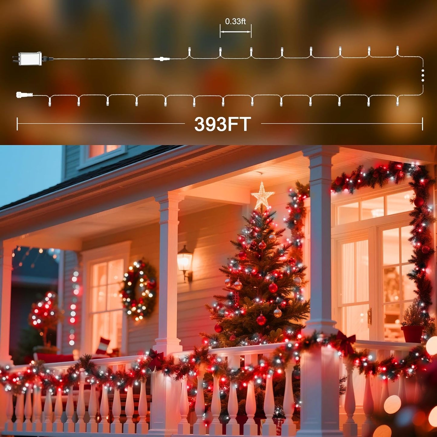 393 FT 1000 LED String Lights Outdoor Indoor, Christams String Lights Waterproof 8 Modes & Timer, Fairy Lights Plug in for Bedroom, Weeding, Patio, Party, Holiday,Christmas Decor (Red+White)