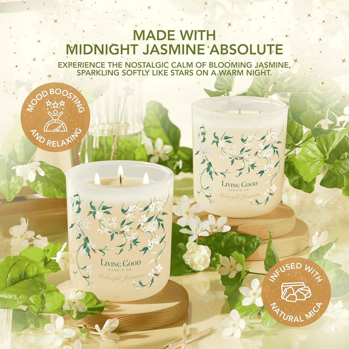 Midnight Jasmine Beeswax Candle - Nostalgic Soft Jasmine with Pink Pepper & Vanilla - Subtle & Refreshing - 90+ Hours of Clean & Non-Toxic Burn - Hand-Drawn Jar - Perfect Unique Gift - 15 OZ