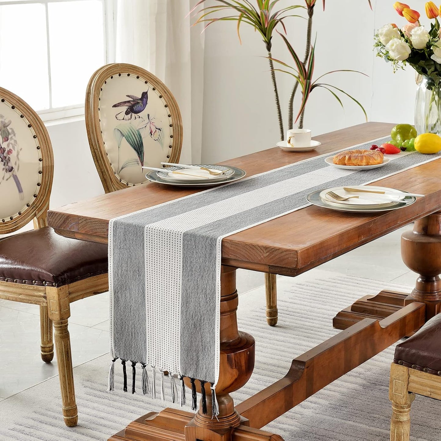 Wracra Linen Table Runner, Farmhouse Macrame Table Runners 60 Inches Long for Dining Table Decor, Wedding, Party and Dresser Decor (Black,60")