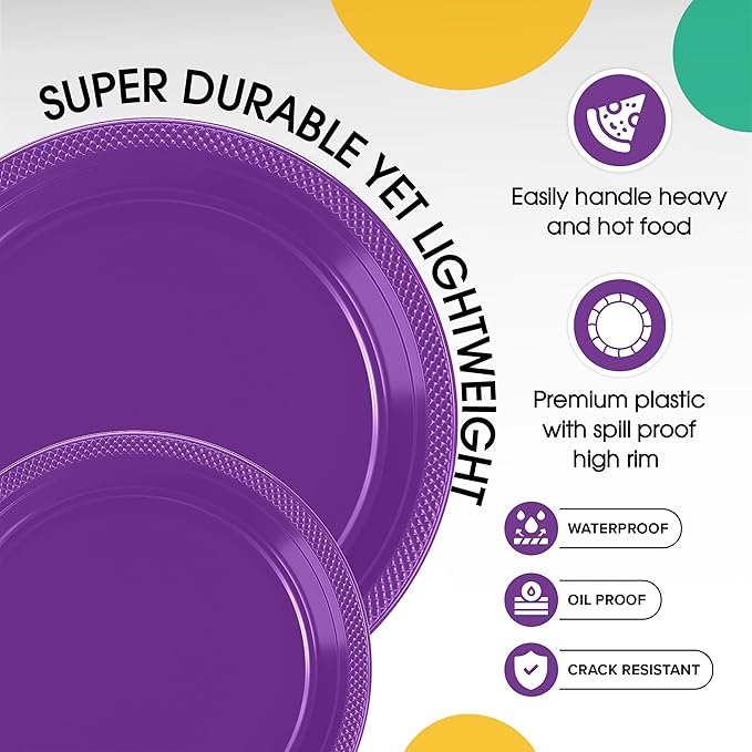 Party Solids Purple Plastic Plates For Party Supplies, Purple Disposable Plates 100 Pieces - 50-7" & 50-9" Heavy Duty 350 GSM Disposable Dinnerware Sets, Plastic Dinnerware Sets
