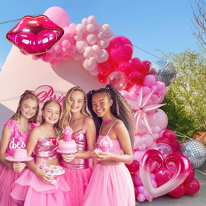 Hot Pink Balloon Garland Arch Kit 137 Pcs Pastel Pink White with Shape Lips Star Heart 4d Disco foil Balloons for Girls Birthday Engagement Galentines Valentine's Day Decorations