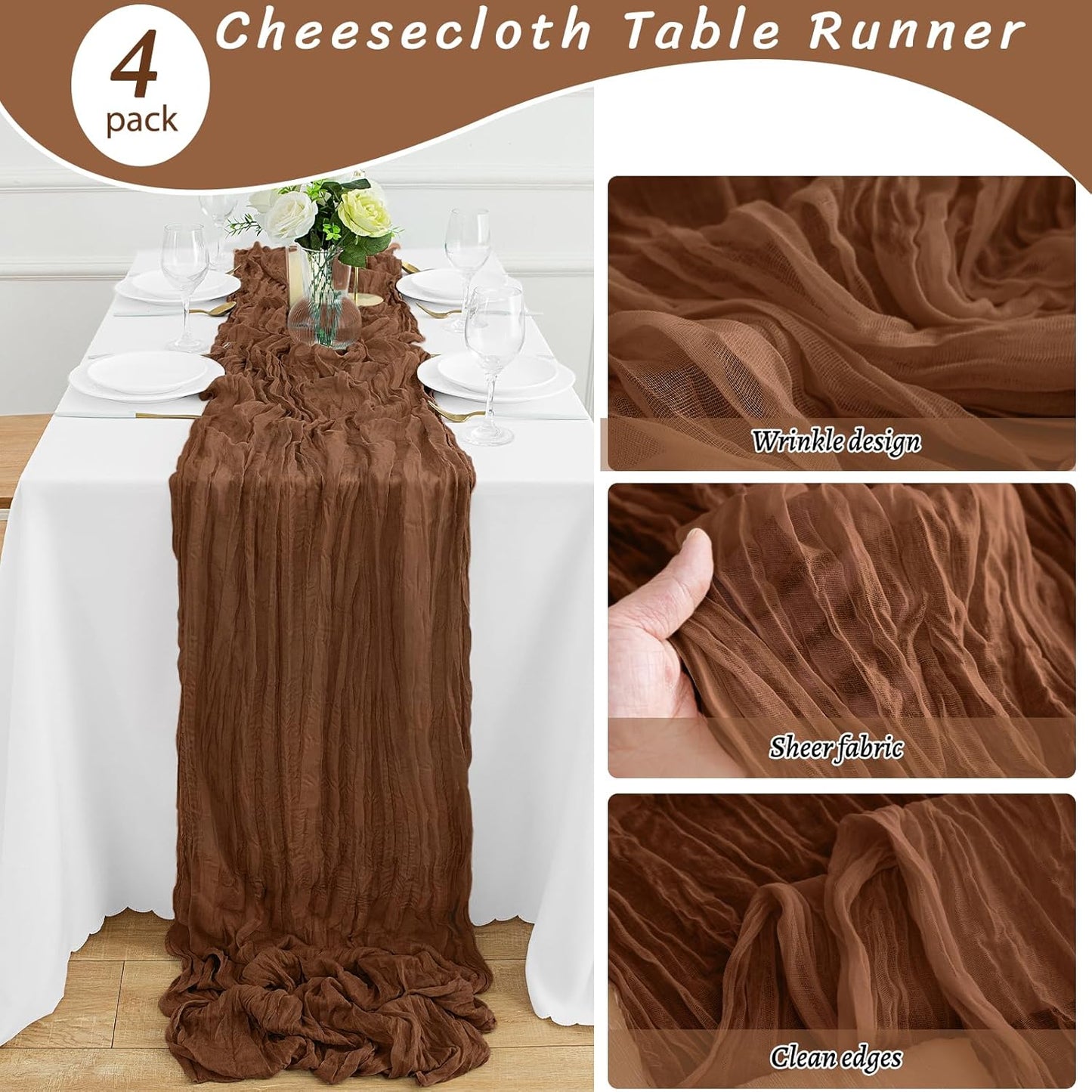 4Pack Brown Table Runner 10FT Cheesecloth Table Runner 35x120Inch Long Boho Cheese Cloth Table Runners Rustic Gauze Table Runners for Party Wedding Bridal Shower Baby Shower Decorations