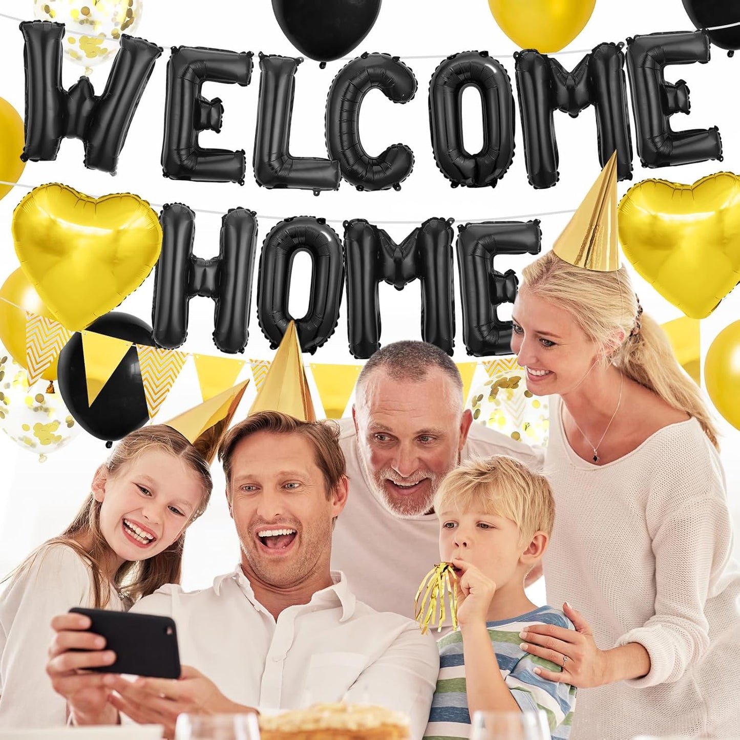 Welcome Home Decorations Black Gold,Welcome Home Foil Balloon Banner with Confetti Balloons,Gold Heart Balloons Pennant Flag Bunting for Housewarming Baby Shower Home Family Party Supplies