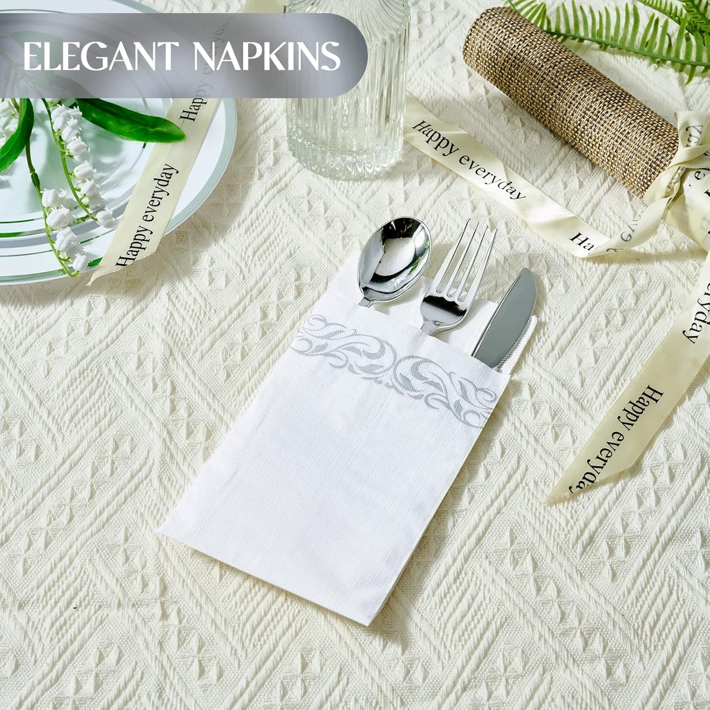 Vplus 200 Pack Paper Napkins Guest Towels Disposable Premium Quality 3-ply Dinner Napkins Disposable Soft, Absorbent, Perfect for Kitchen, Wedding, Parties, Dinners or Events(Silver)