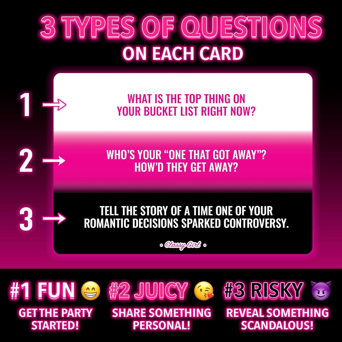 Classy Girl Girls Night Conversation Starter Cards - 360 Fun & Spicy Questions for Bachelorette, Bridal, Birthday, Ladies & Sorority Parties - Party Game for Adults
