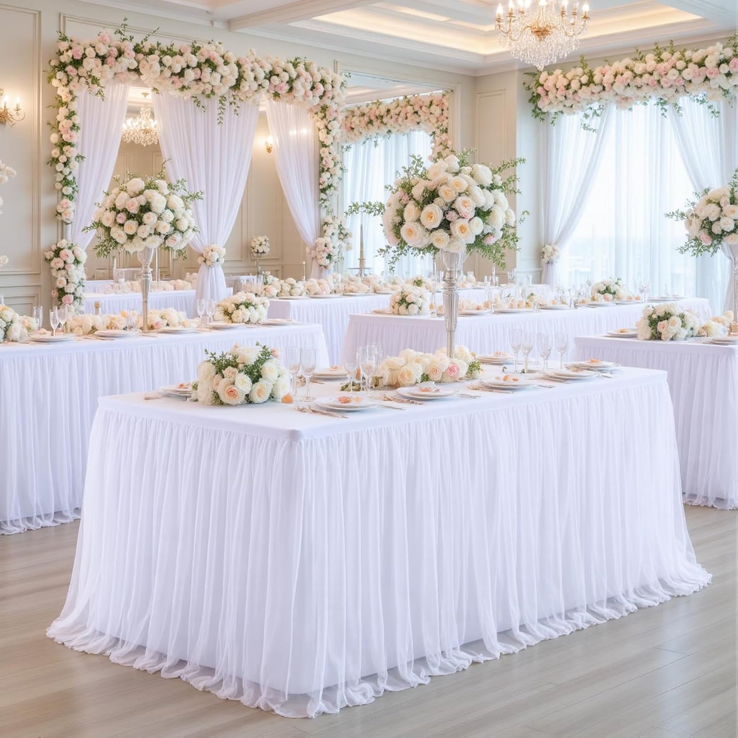 White Tulle Tablecloth for 8 Foot Rectangular Tables 8ft White Table Cloth Rectangle Wrinkle Free Stretch Table Cover with Tutu Skirt for Wedding Birthday Party Banquet Buffet Cake Event Desk Skirt
