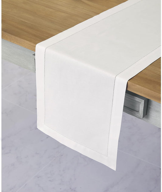 Solino Home White Table Runner 60 Inches - Cotton Linen Hemstitch Coffee Table Runner 14 x 60 Inch Ideal for Dresser Tables - Fall, Autumn, Halloween, Thanksgiving, Christmas, Holiday